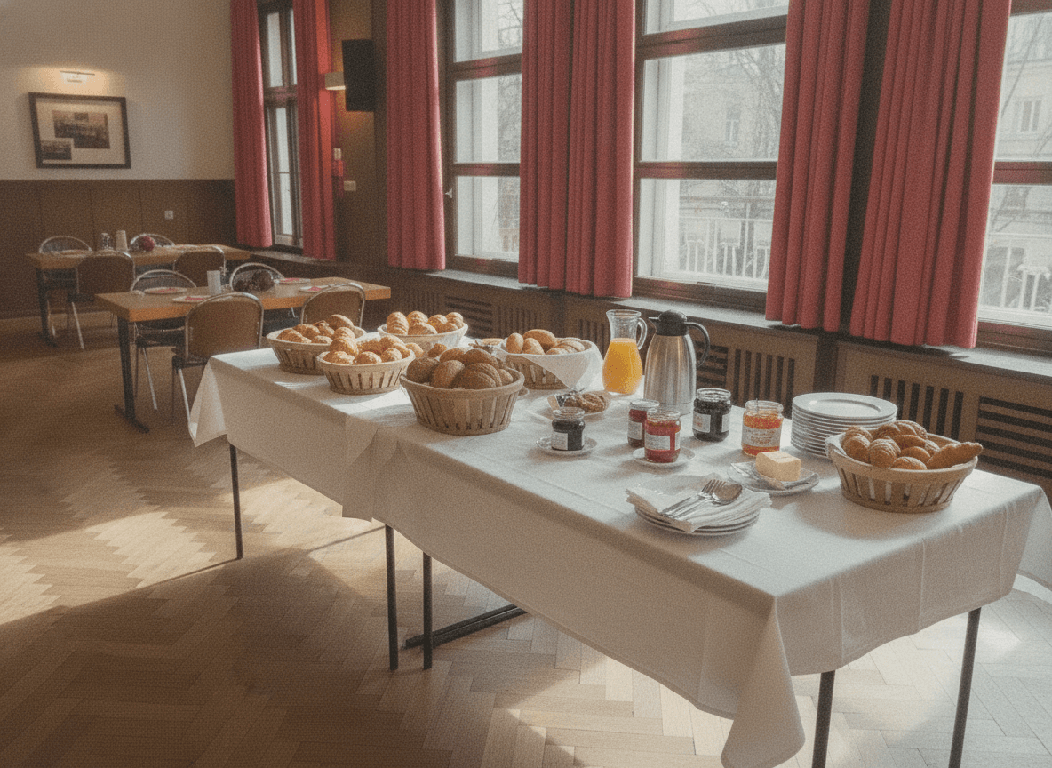 Frühstückstisch im Morgenlicht, bereit für den Brunch am 1. Weihnachtsfeiertag